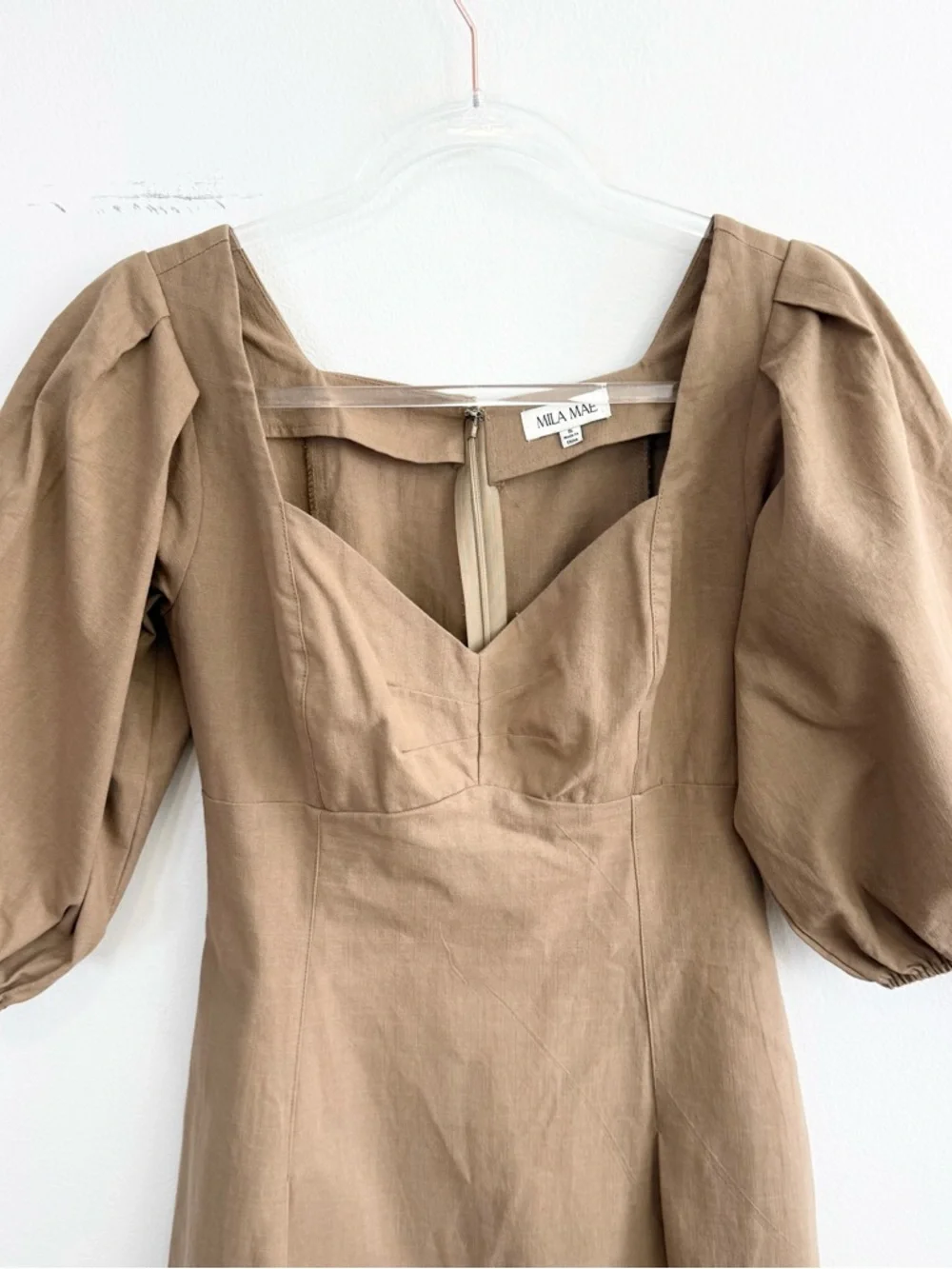 Mila Mae Tan Puff Sleeve Midi Dress Cotton Linen Square Neck Women’s Small - Picture 3 of 7